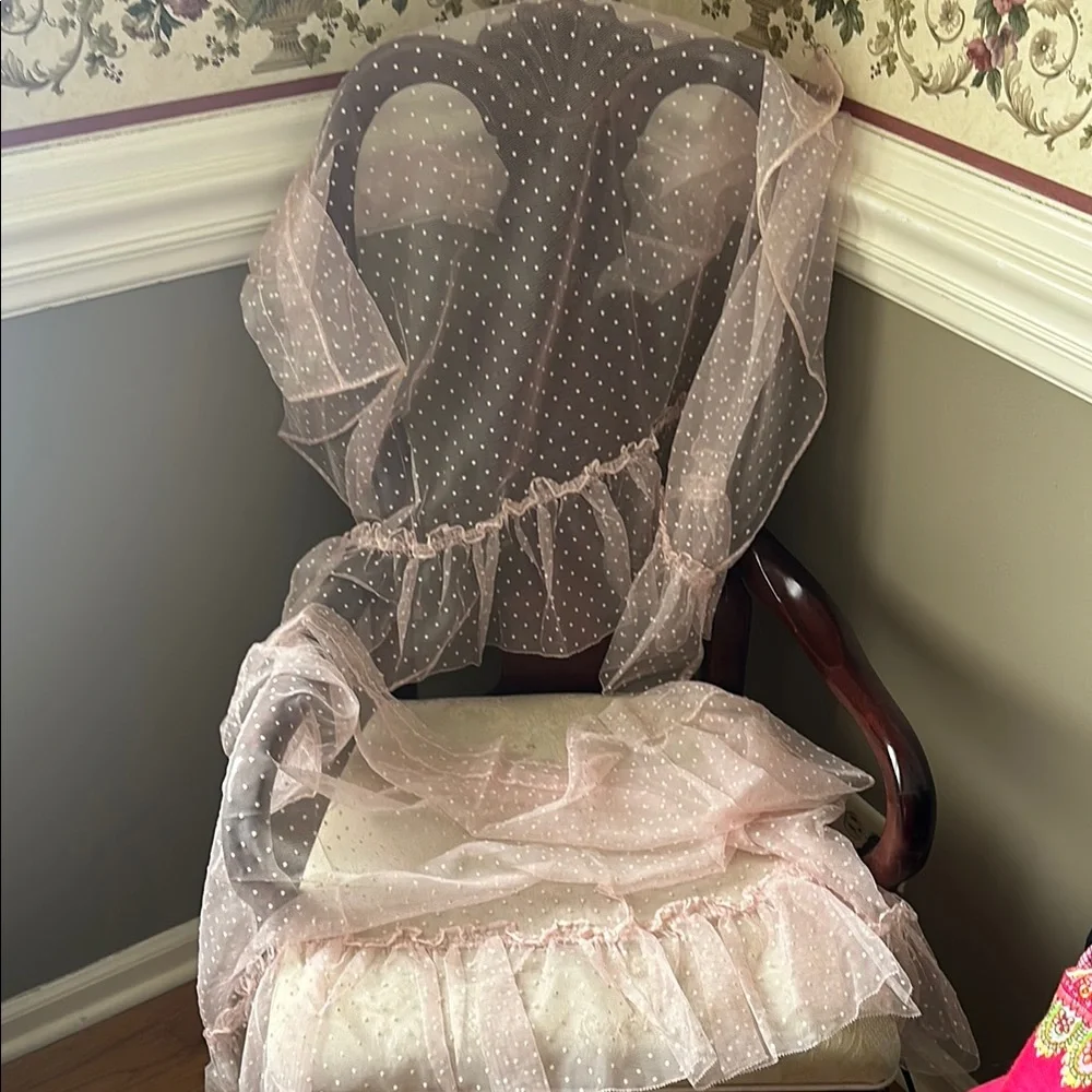 Vintage sheer pink w/white polka dots valence curtain set, circa 1960s